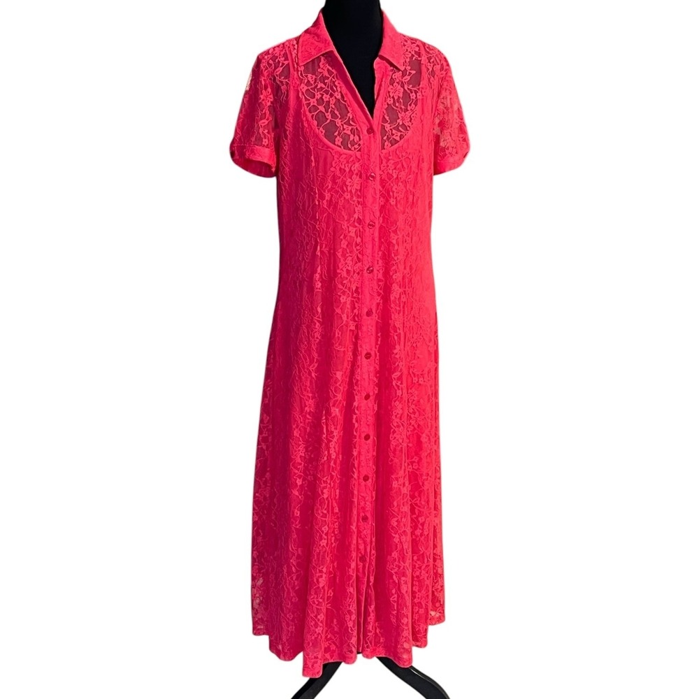 Susan Graver Pink Lace Button Front Shirt Dress Tunic Short Sleeve PS